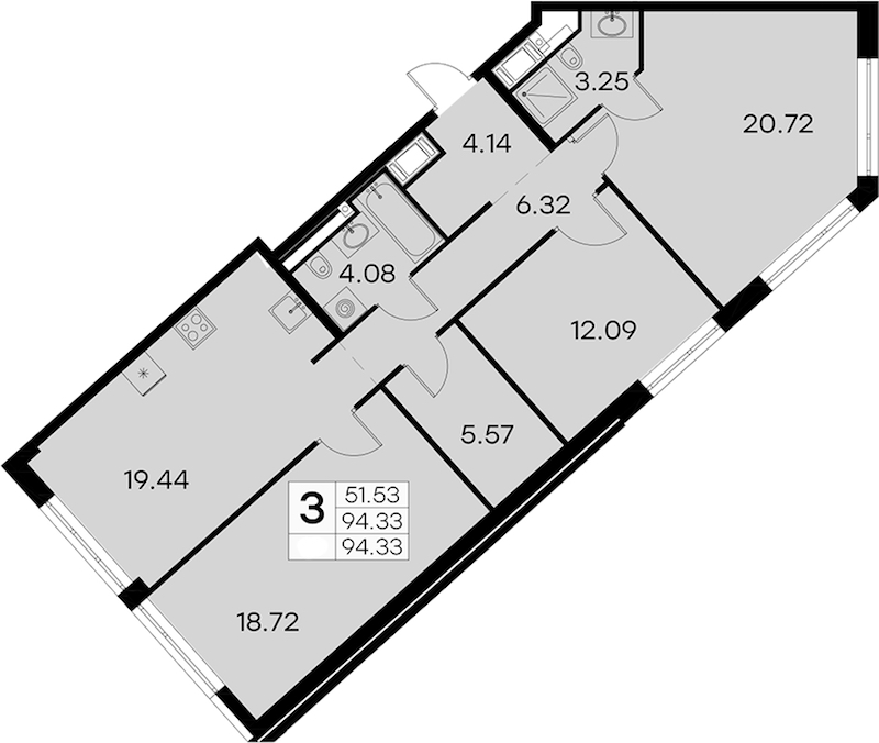 3-комнатная квартира 94.33 м², 8/19 эт., ЖК «GloraX Aura Vasileostrovsky»